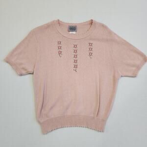 Vintage Cottage Grandmacore Knitted Blouse Floral Embroidery Large Pink